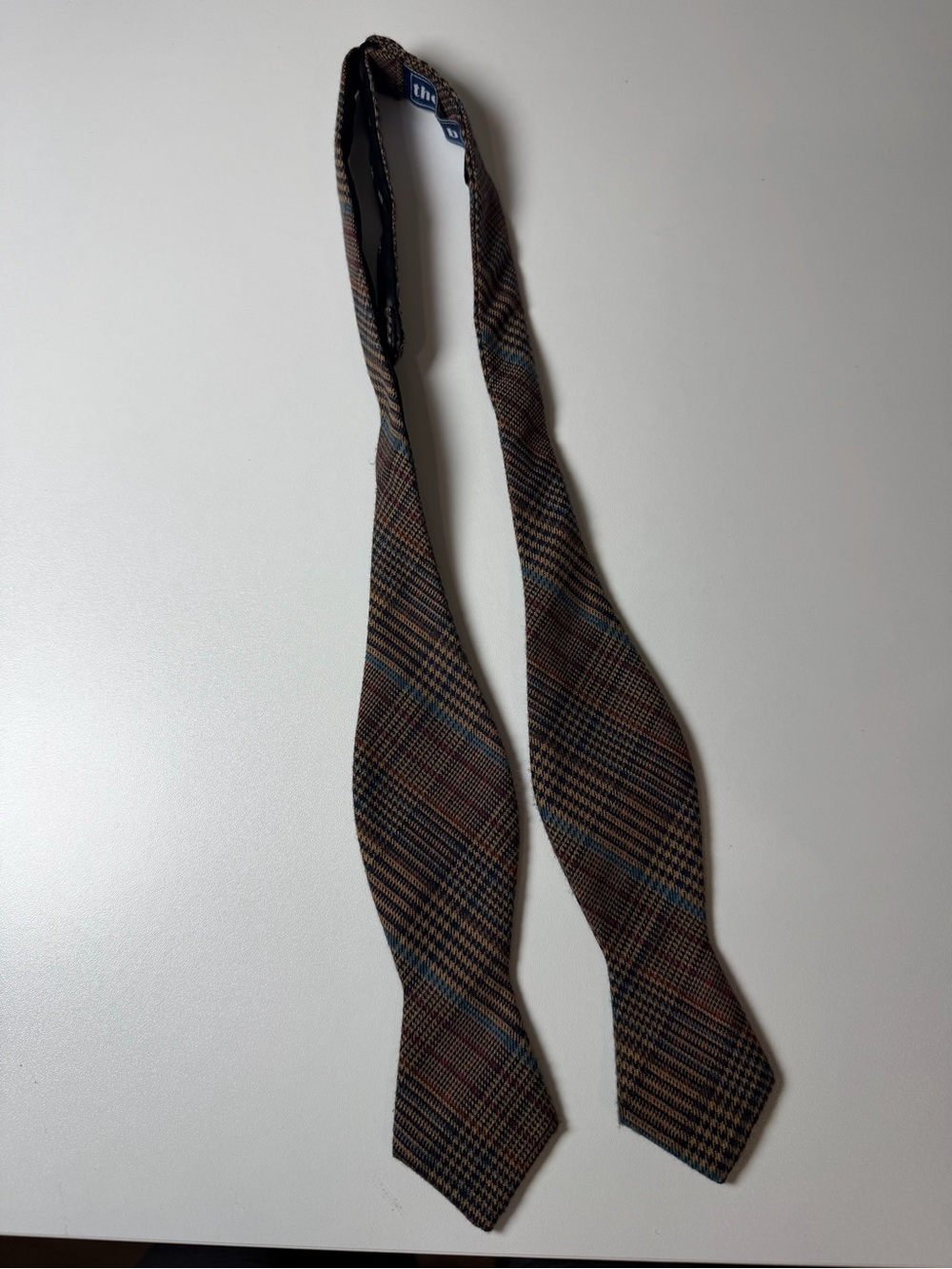 The Tie Bar 100% Cotton Brown Plaid Adjustable Bow Tie with Blue and Red Accents